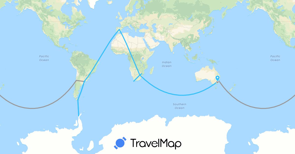 TravelMap itinerary: driving, plane, boat in Argentina, Australia, Chile, Spain, Uruguay, South Africa (Africa, Europe, Oceania, South America)